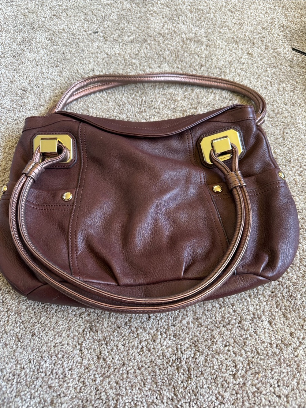 Structured Brown Leather Shoulder Bag with Gold Accents